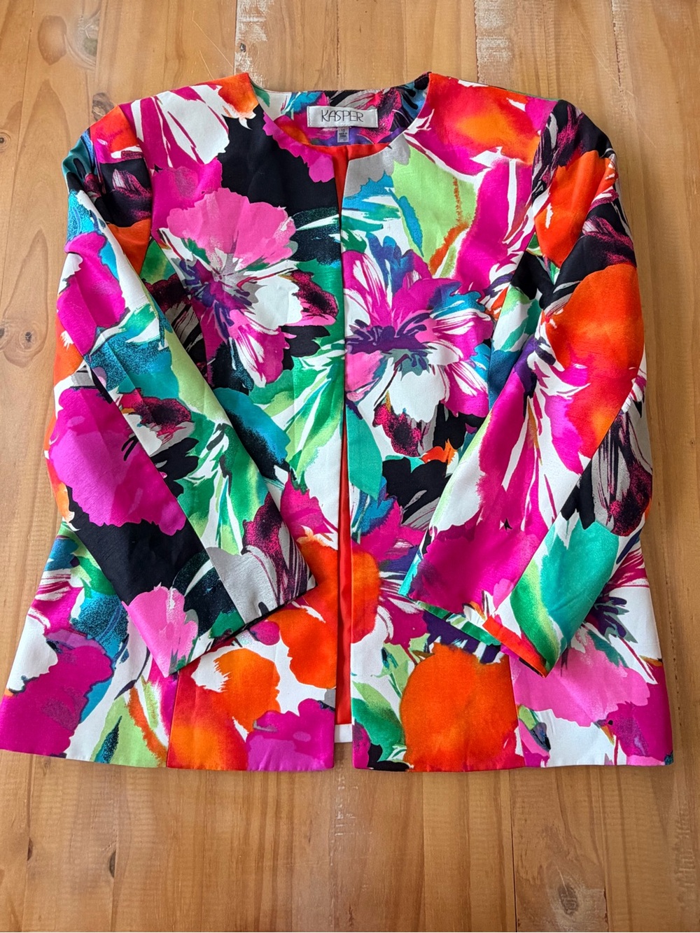 Kasper Women's Size 10 Open Front Blazer Floral Lined 3/4 Sleeves Multicolored